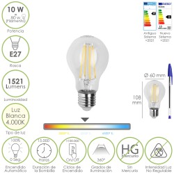 Bombilla Led Filamento Standar Rosca E27. 10 Watt. Equivale A 80 Watt. 1521 Lumenes. Luz Neutra 4000º K.