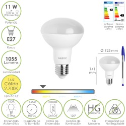 Bombilla Led Reflectante E27. 11 Watt. Equivale A 100 Watt. 1055 Lumenes. Luz Calida 2700º K.