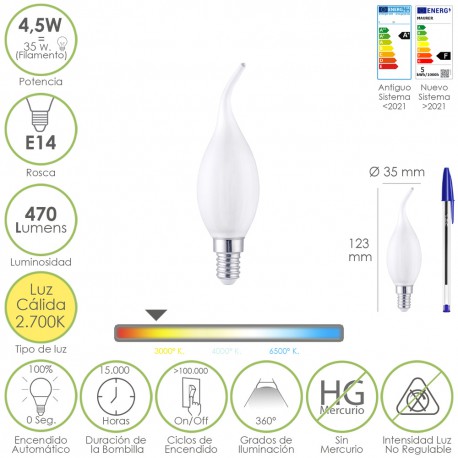 Bombilla Led Filamento Vela Llama Esmerilada E14. 4,5 Watt. Equivale A 35 Watt. 470 Lumenes. Luz Calida 2700º K.