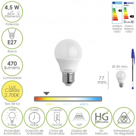 Bombilla Led Esferica Rosca E27 4.5 Watt. Equivale A 55 Watt. 470 Lumenes. Luz Cálida (2700º K.)