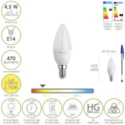 Bombilla Led Vela Rosca E14. 4,5 Watt. Equivale A 35 Watt. 470 Lumenes. Luz Cálida (2700º K)