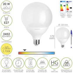 Bombilla Led Globo E27. 20 Watt. Equivale A 150 Watt. 2452 Lumenes. Luz Calida 2700º K.